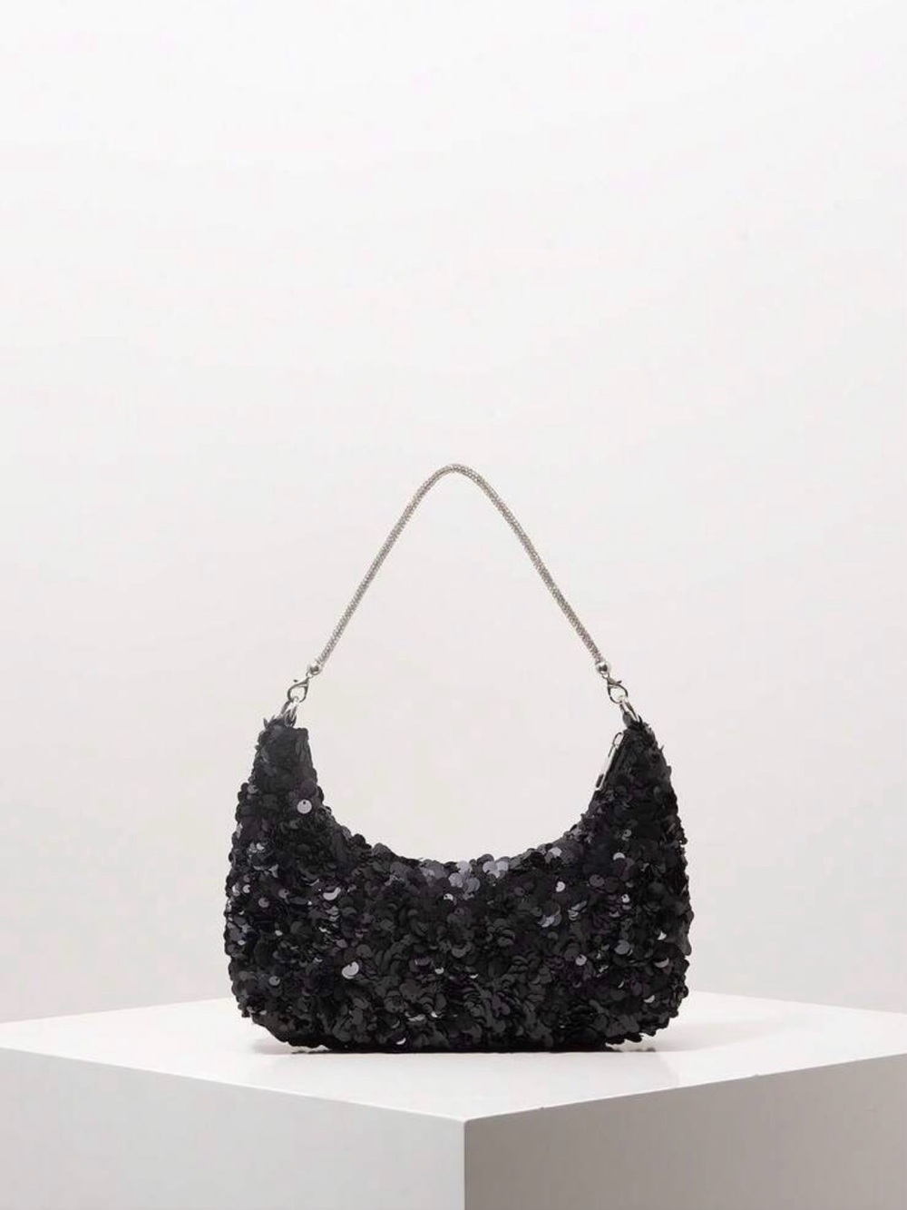 Sequin-Embellished Black Shoulder Bag with Chain Strap